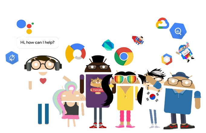 illustration showing diversity in people and various google developer technologies