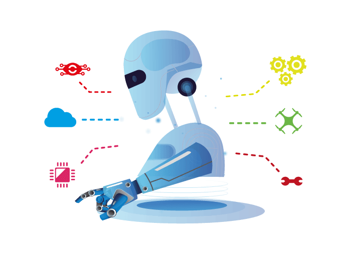robot with cloud, chip, gears etc symbols around